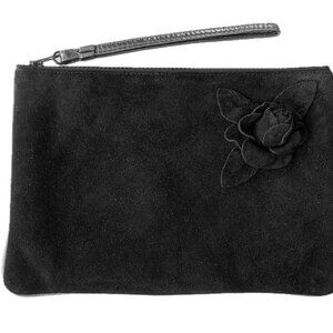 Ruth Saltz Black Suede Rose Wristlet Bag Evening Clutch EUC